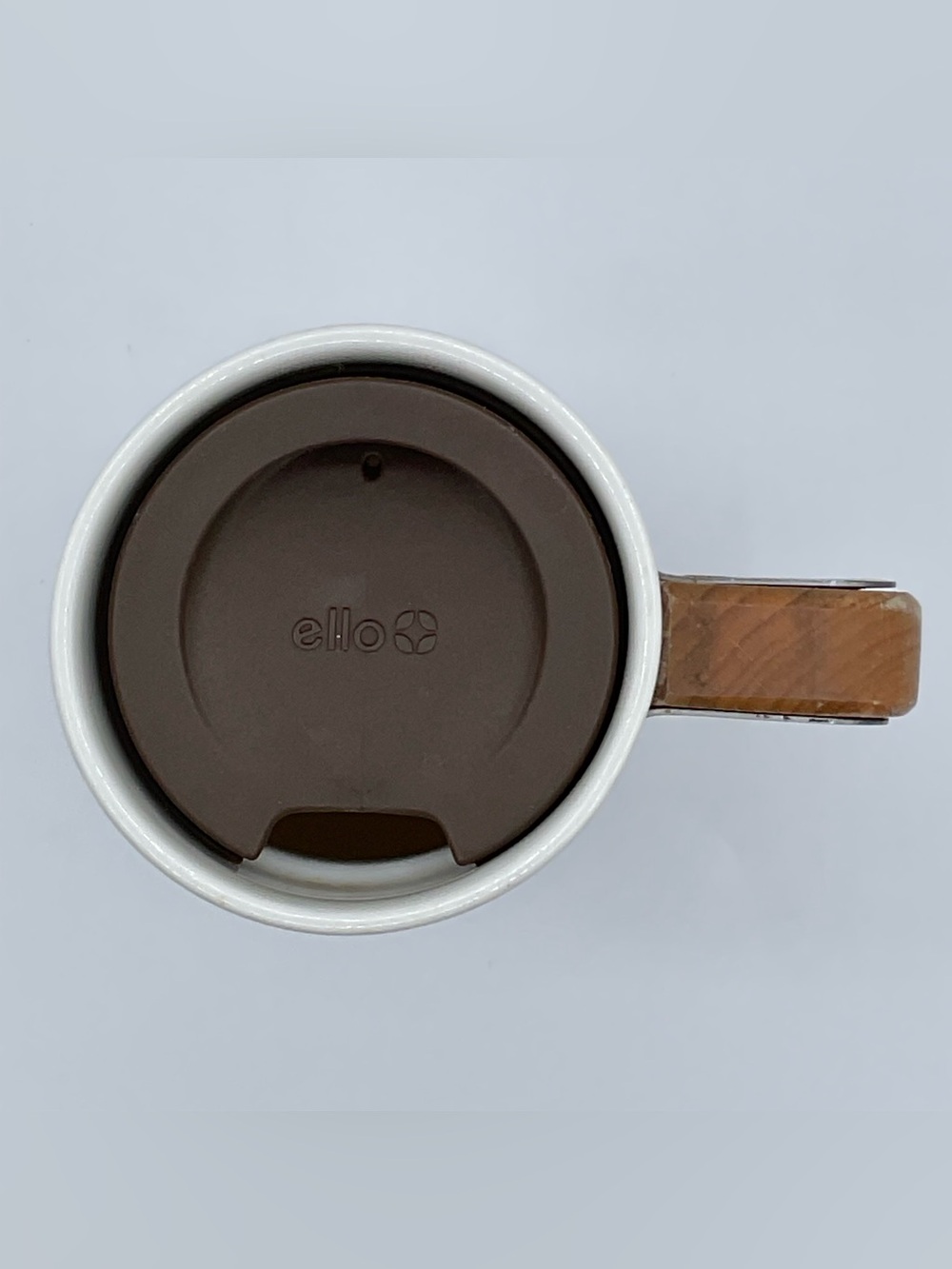 Ello Fulton 16 oz Ceramic Travel Mug White Wood Handle Copper Band Lid